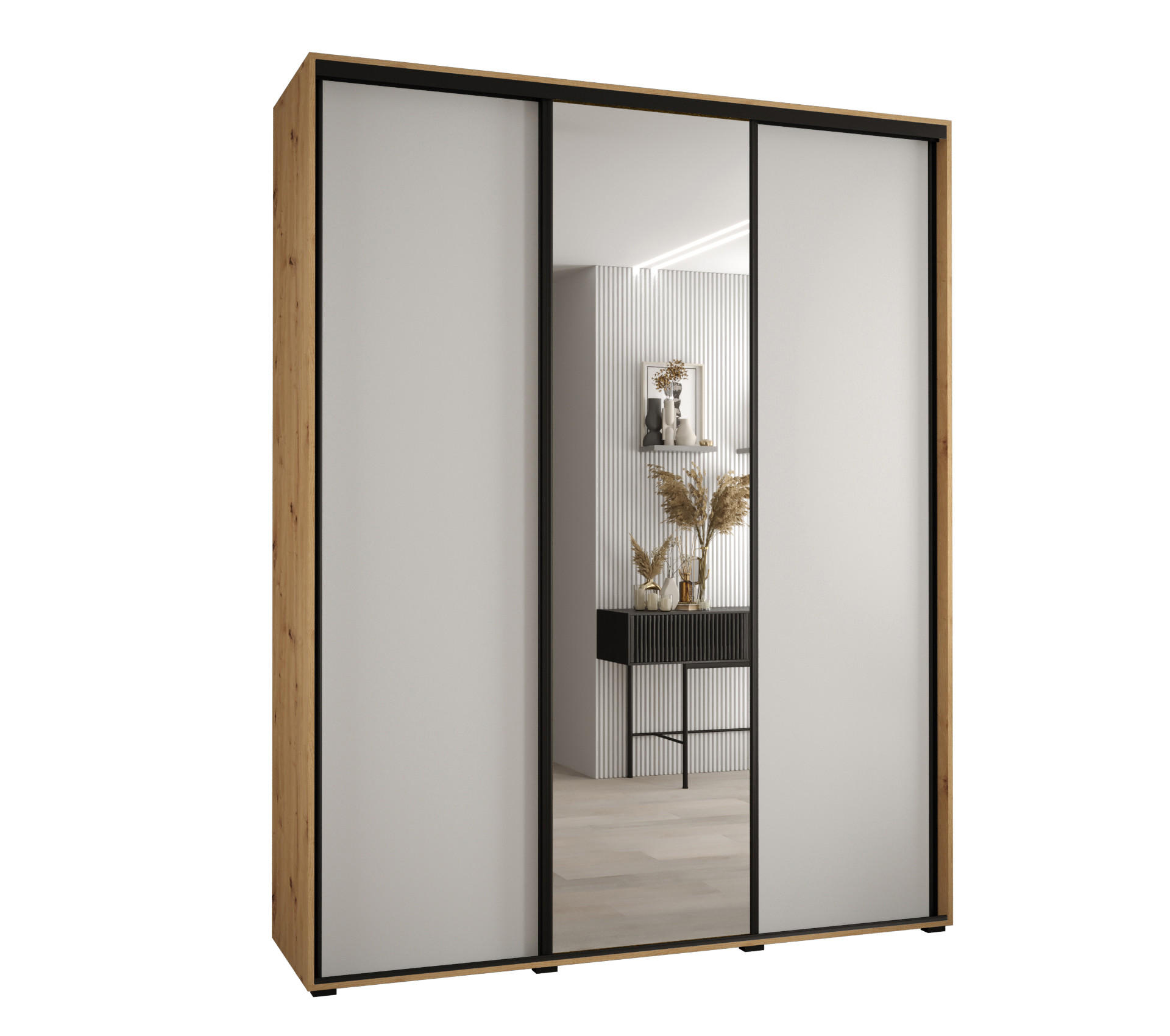 Abiks Möbel Schwebetürenschrank Eiche Artisan, Weiß, Schwarz 200x235x60 cm