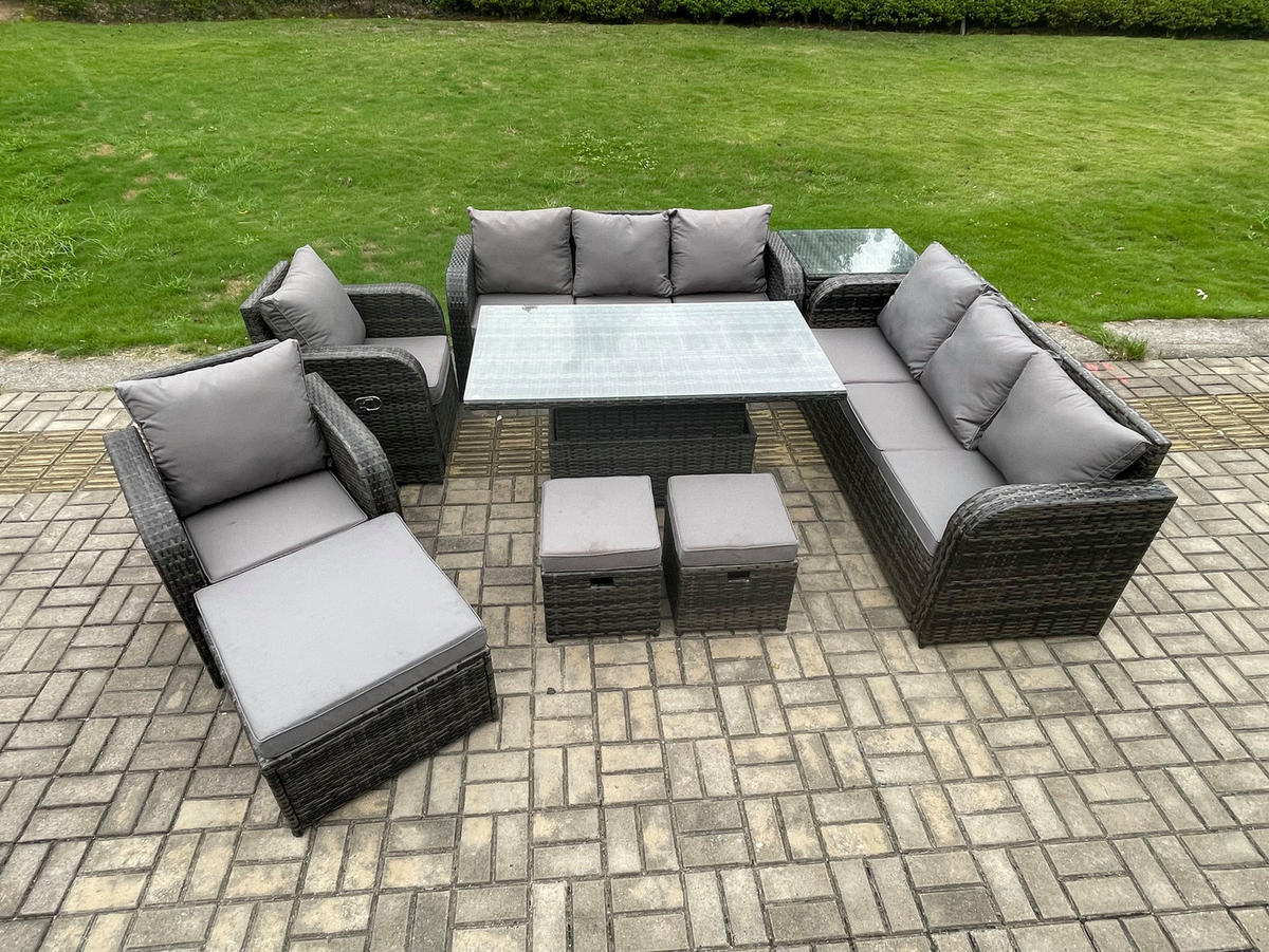 GARTENSOFA SET Polyrattan 11-Sitzer - Dunkelgrau/Grau, Glas/Kunststoff - Fimous