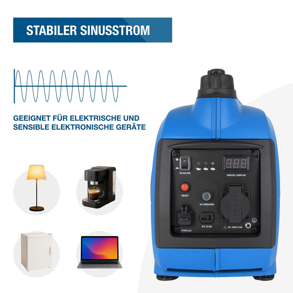 INVERTER-GENERATOR HY1000Si D (1 kW, tragbar, 1 x 230V + 1 x 12V, 1 x USB) - Blau, Kunststoff (44/47/23cm) - HYUNDAI