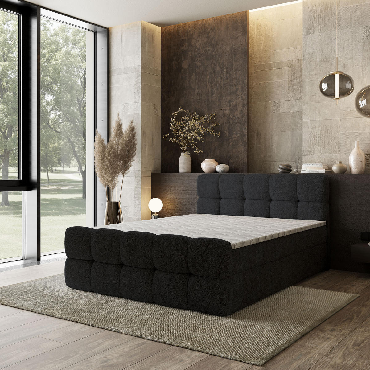 BOXBETT BRUME 160x200 cm mit Matratze und Topper, H2+H3 - Schwarz - Schwarz, Holz (160/200cm) - MASSENO