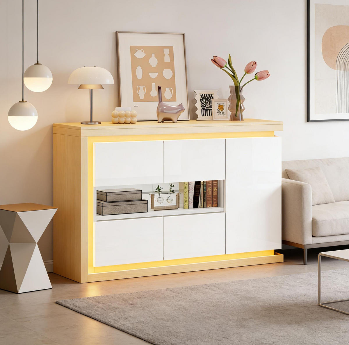 SIDEBOARD 140/40/84 cm Weiß aus Spanplatte mit LED und Glastüren - Weiß, Holzwerkstoff (40/84/140cm) - OKWISH