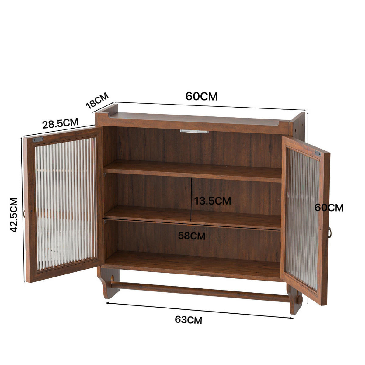 KÜCHENOBERSCHRANK 63x18x60cm in Braun aus Massivholz & Glas,wandmontiert - Braun, Holzwerkstoff (63/60/18cm) - Modfu