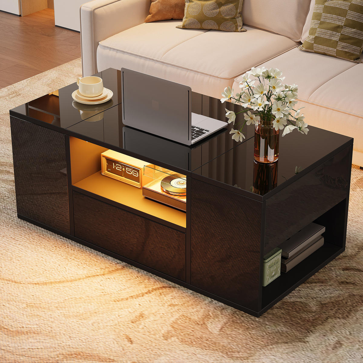 COUCHTISCH schwarz aus Spanplatte mit Hochglanzoberfläche und App-gesteuerter USB-LED 100 × 50 × 40 cm - Schwarz, Holzwerkstoff (50/100/40cm) - Luhomfu