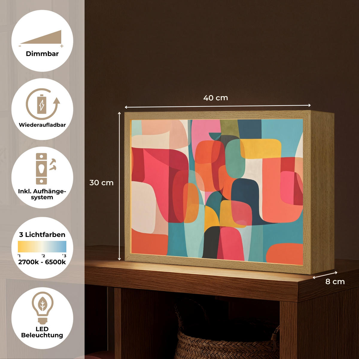 NÁSTĚNNÁ LAMPA S AKUMULÁTOREM Tvary - barevné - abstraktní - letadla 40x30 cm - různobarevná, kompozitní dřevo (40/30/8cm) - OnlyWow
