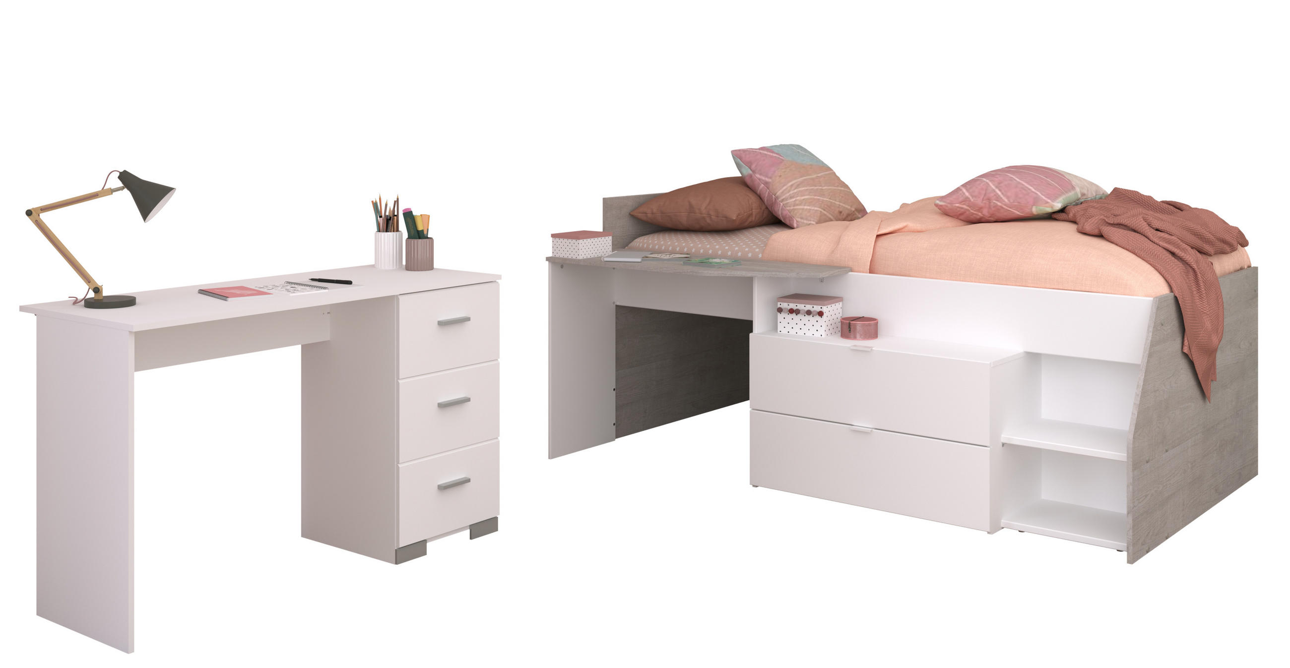 JUGENDZIMMER Milky 17 in Weiß und Grey Loft 2 teilig - Weiß, Holzwerkstoff (120/200/80cm)