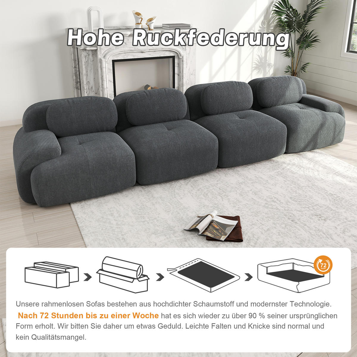4-SITZER SOFA Modulares Boneless Cord Sofa Rahmenlos - Grau, Textil (388/75/103cm) - Urban Meuble
