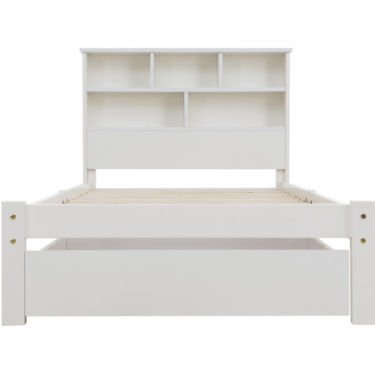 BETT 90/200 cm Weiß aus Massivholz mit Schubladen und Bücherregal-Kopfteil - Weiß, Holz (90/200cm) - Flora Grace