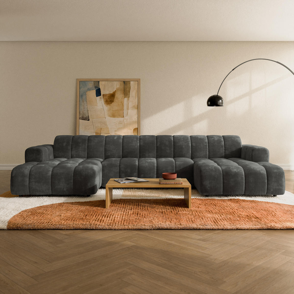 WOHNLANDSCHAFT AENIS Grau Chenille - Grau, Holz (398/85/165cm) - MASSENO