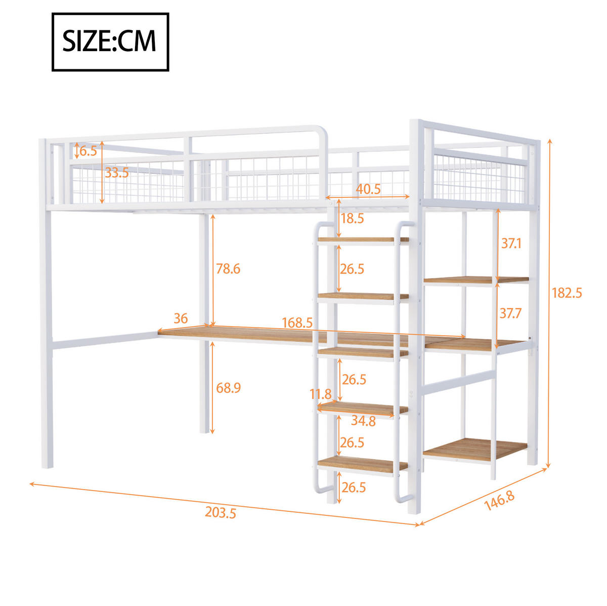 HOCHBETT 140/200 cm Weiß aus MDF und Metall mit Tisch und Regal - Weiß, Metall (140/200cm) - OKMYHOME
