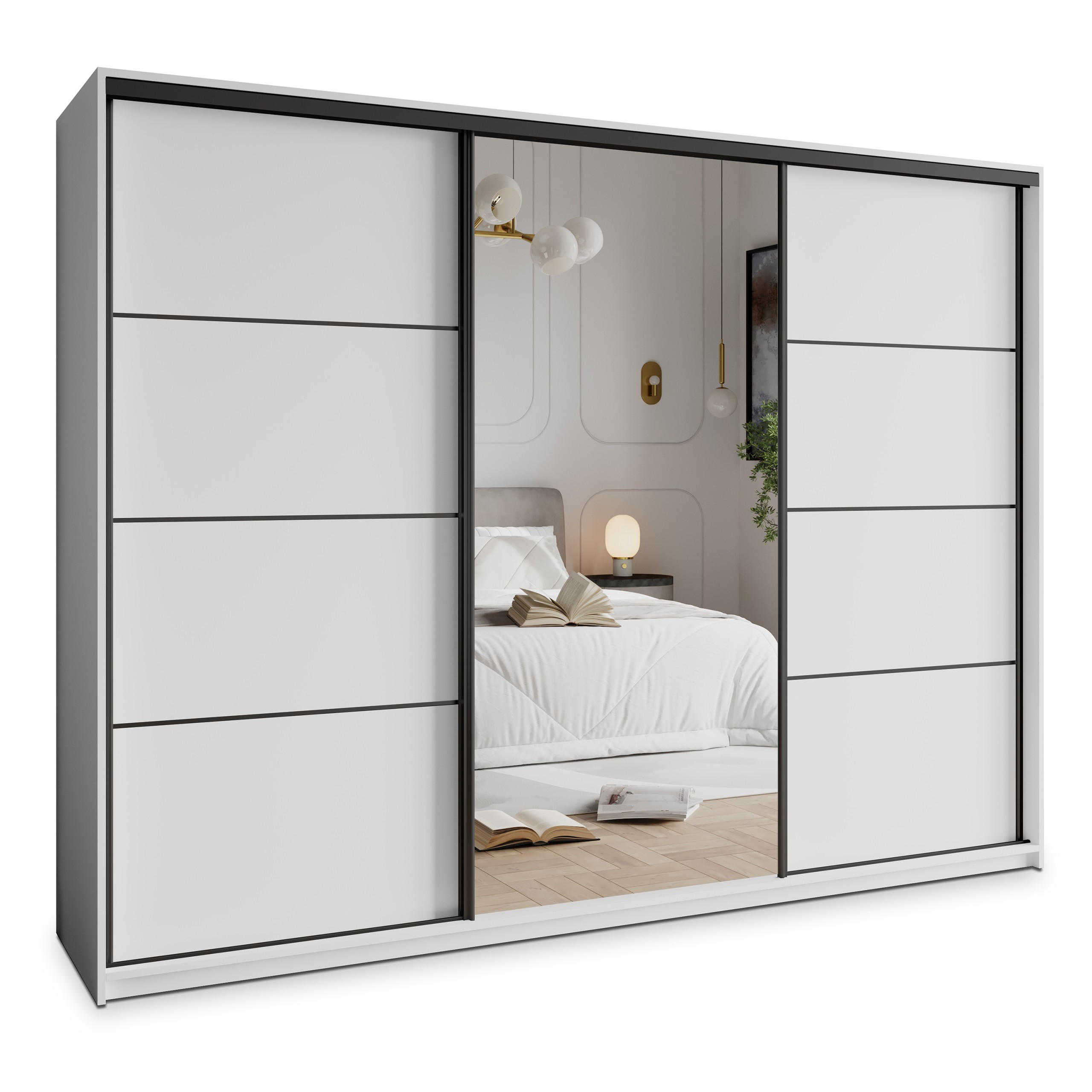 SCHWEBETÜRENSCHRANK VARO 250/205/60 cm 3-türig mit Spiegel und Schubladen Weiß - Schwarz/Weiß, Holzwerkstoff (250/205/60cm) - MASSENO