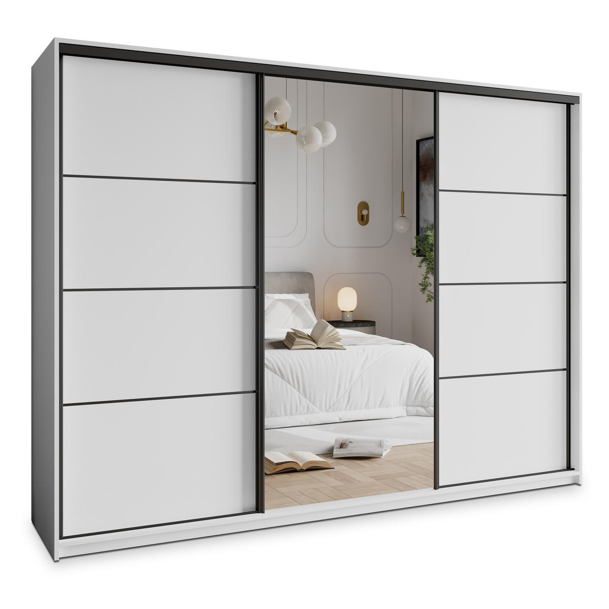 SCHWEBETÜRENSCHRANK VARO 250/205/60 cm 3-türig mit Spiegel und Schubladen Weiß - Schwarz/Weiß, Holzwerkstoff (250/205/60cm) - MASSENO