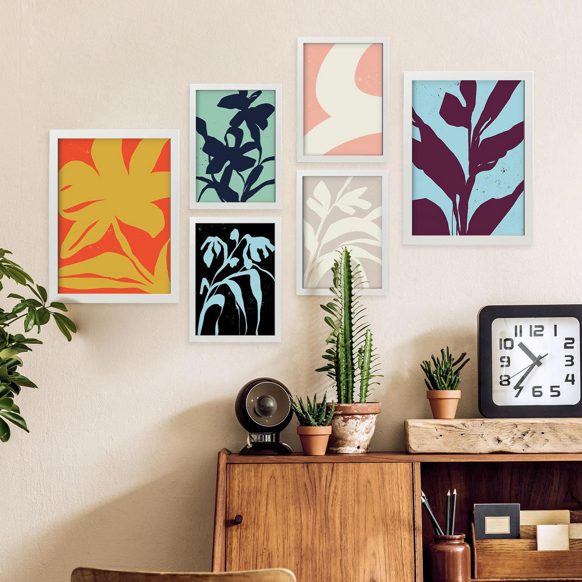 POSTER Set Mit 6 Streifenblätter In Blume Zusammenfassung Ästhetische Dekorative Gemälde Für Ihr Wohnzimmer Schlafzimmer Zuhause A3 & A4 Weißer Rahmen - Weiß, Papier (29/3cm) - Nacnic