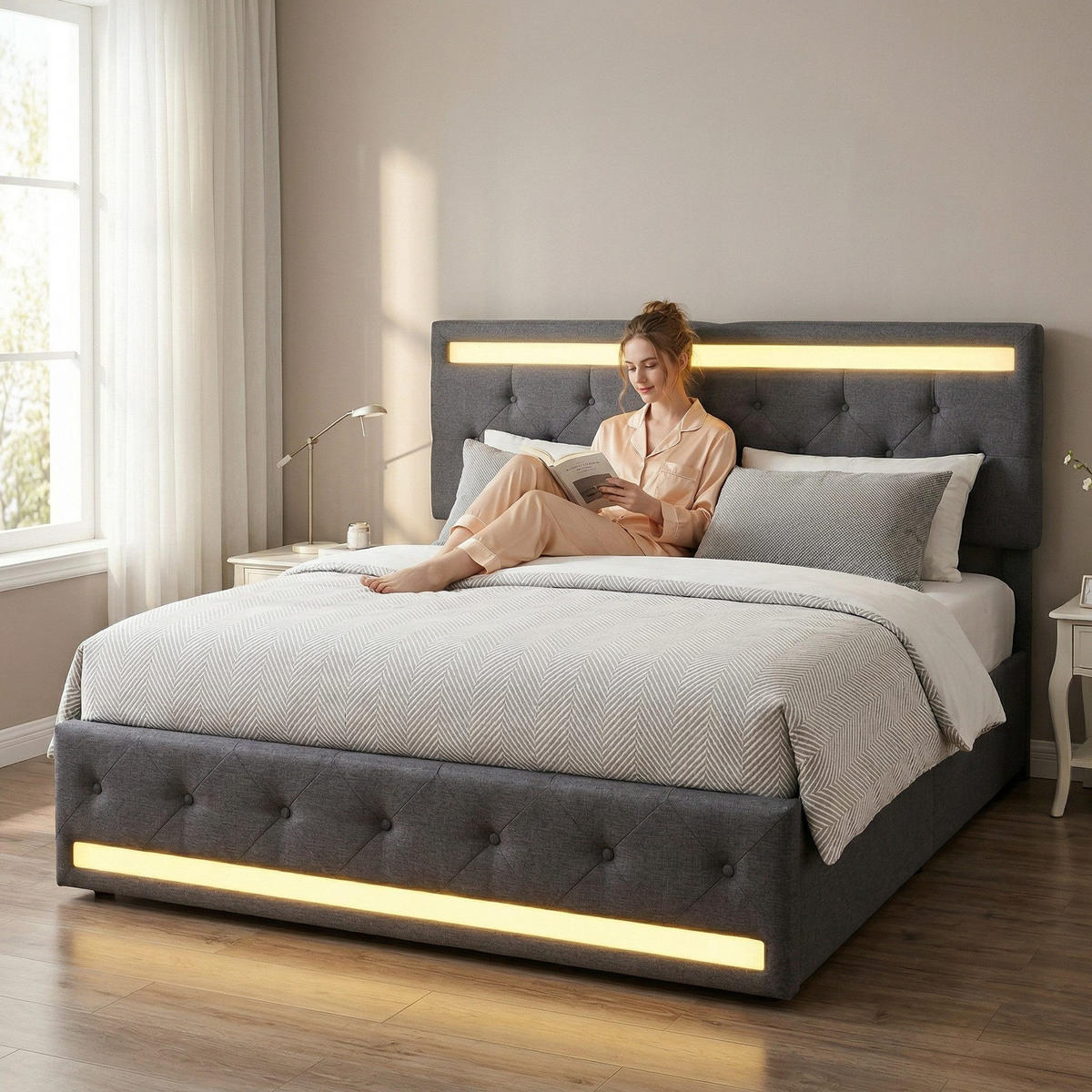 DOPPELBETT 160x200cm grau leinen led usb typ-c schubladen - Grau, Metall - SHOPENTRA