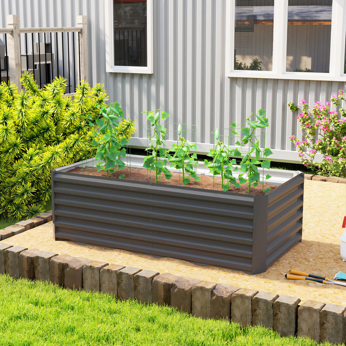 HOCHBEET Metall 180 x 90 x 57,5 cm Tief Gartenbeet mit Offenem Boden Stützstange - Dunkelgrau, Metall (90/57.5/180cm) - Outsunny
