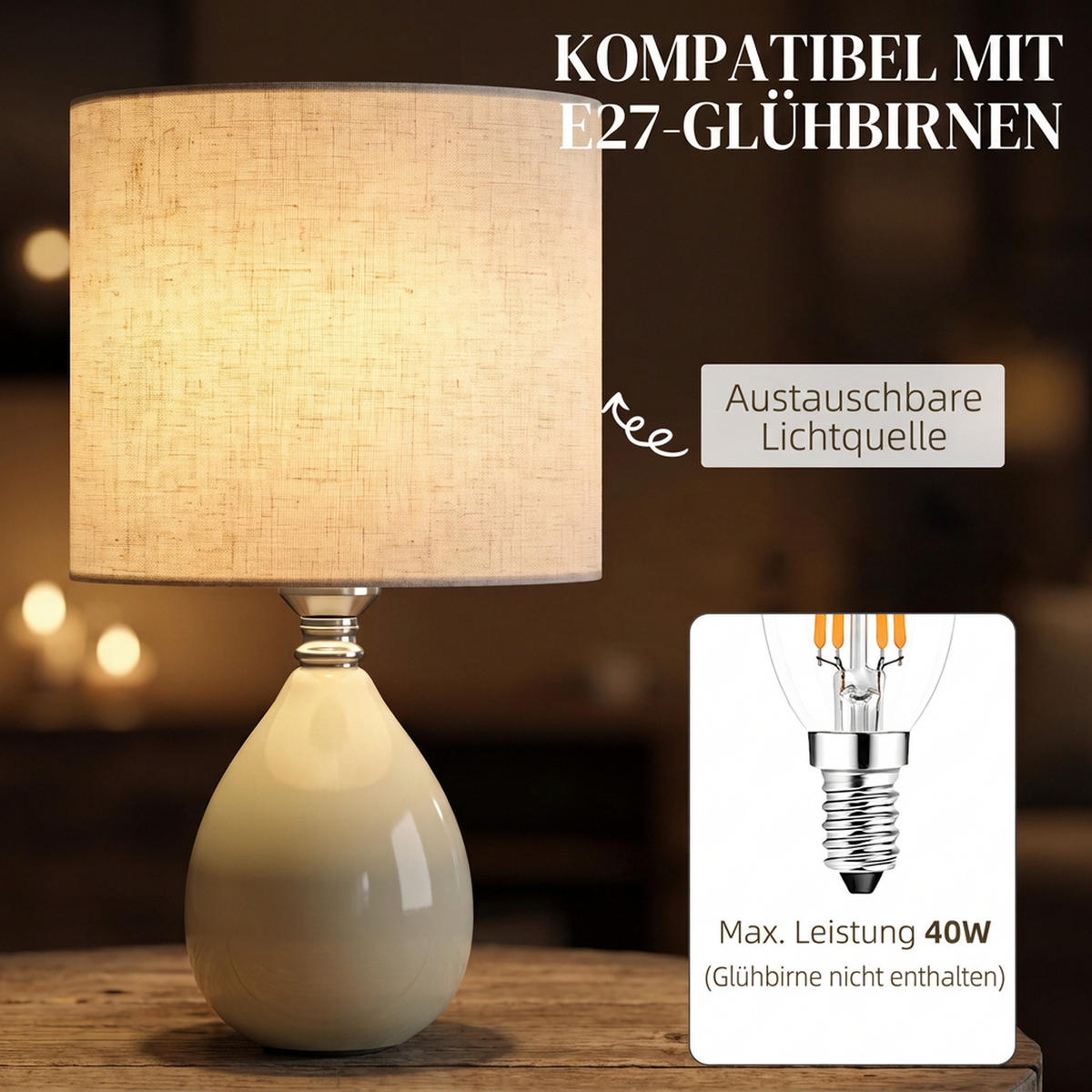 TISCHLAMPE Keramik Leinen Cremeweiß - Creme, Keramik (22/22/35cm) - HOMCOM