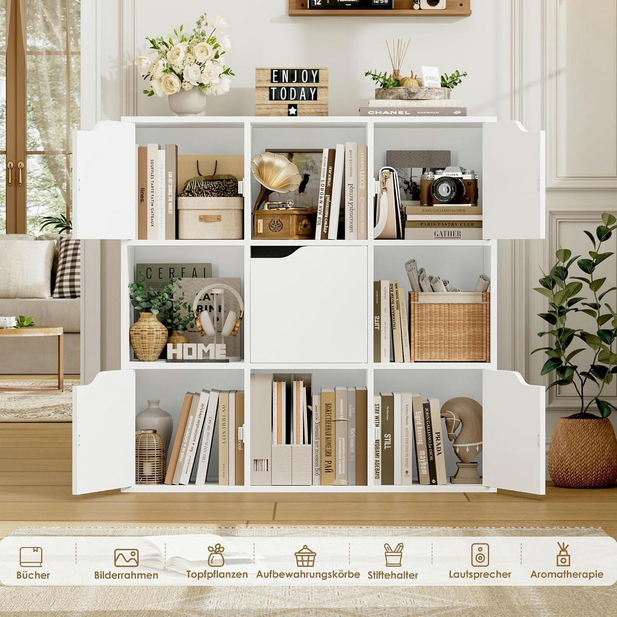 BÜCHERREGAL mit 5 Türen 90x90 cm weiß - Weiß, Holzwerkstoff (90/90/29cm)