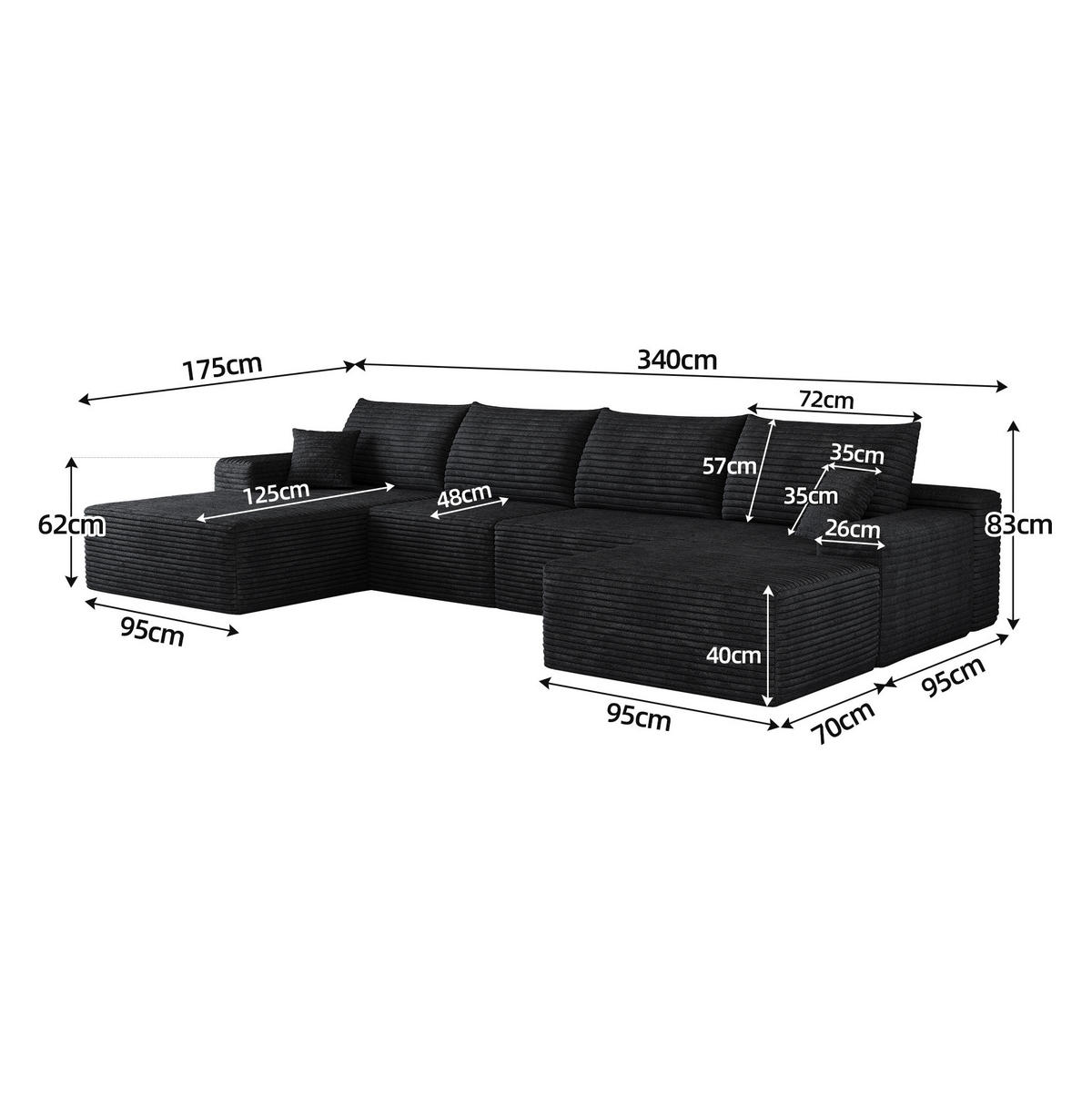 SOFA Ecksofa mit Chaiselongue 340 cm Cordstoff Schwarz - Schwarz, Kunststoff (175/83/270cm) - Meubliv