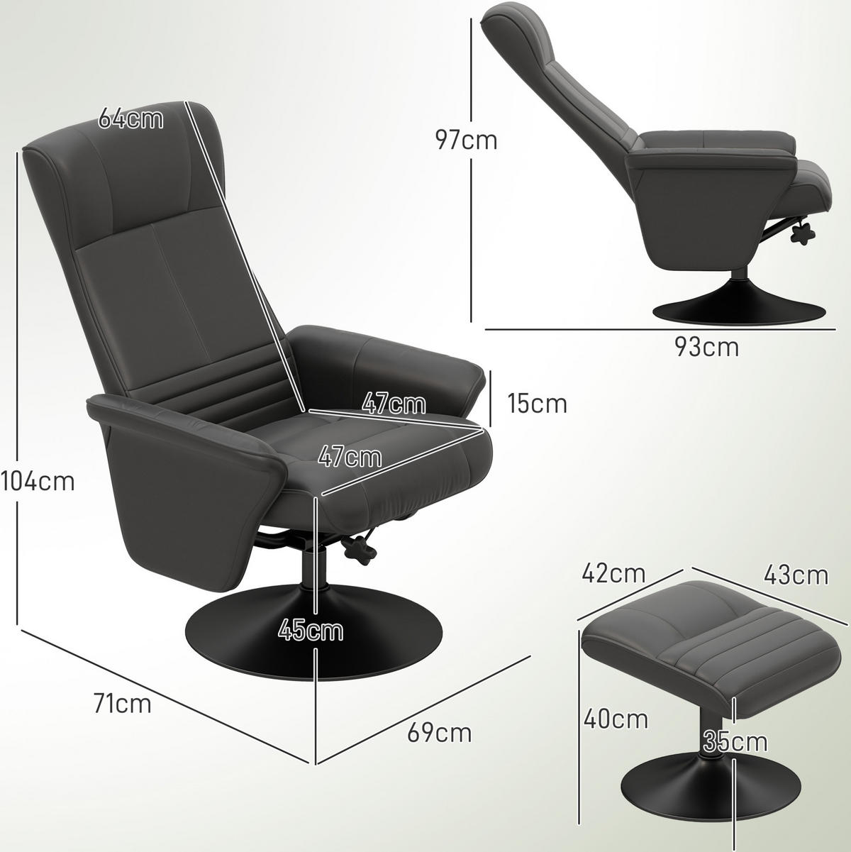 RELAXSESSEL 71/104/69 cm Schwarz aus Polyester mit Hocker - Schwarz, Textil (71/104/69cm) - OKMYHOME
