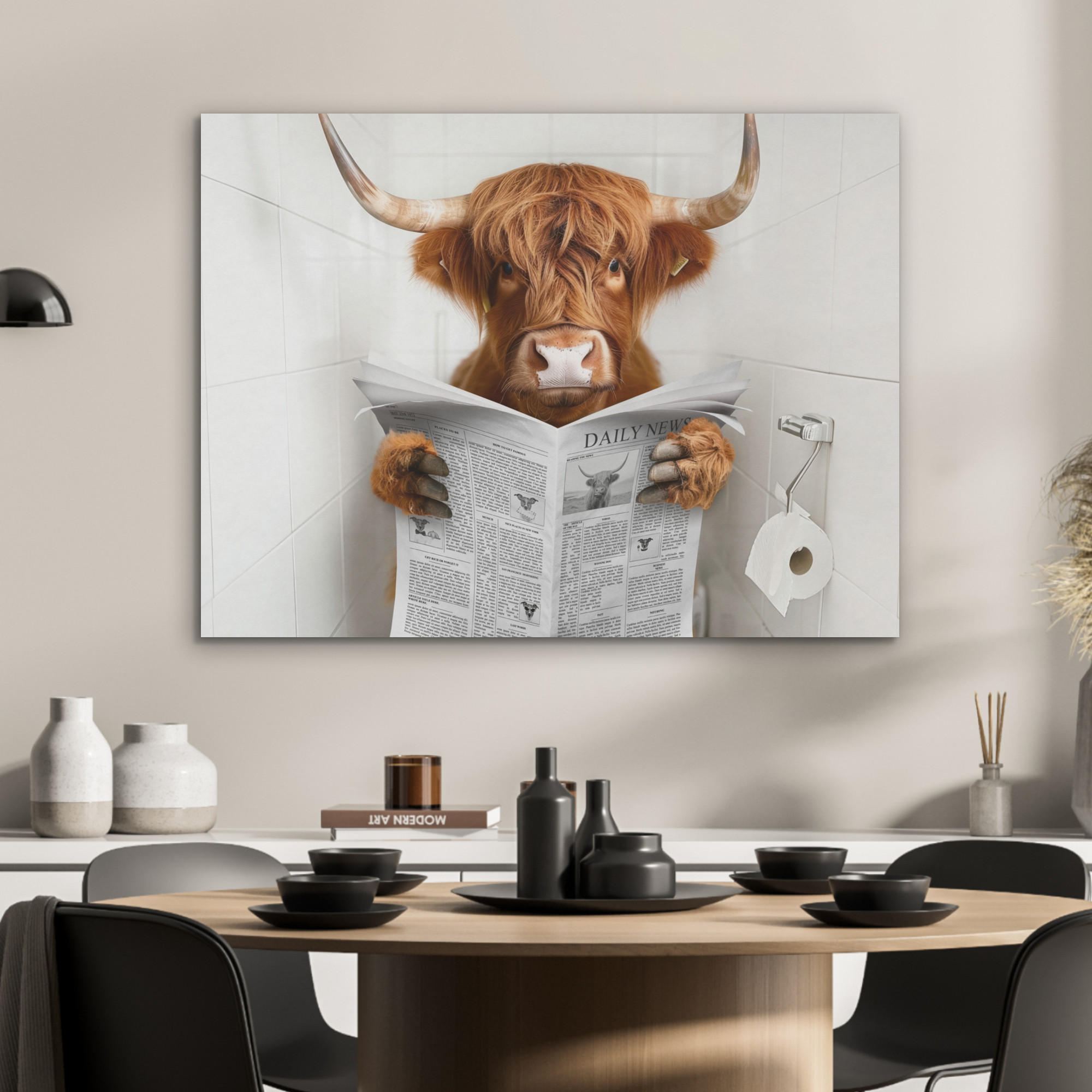 AKUSTIKPANEEL Schottisches Hochlandrind - Tier - Zeitung - Toilette 80x60 cm - Kastanienfarben, Textil (80/0.9/60cm) - MuchoWow