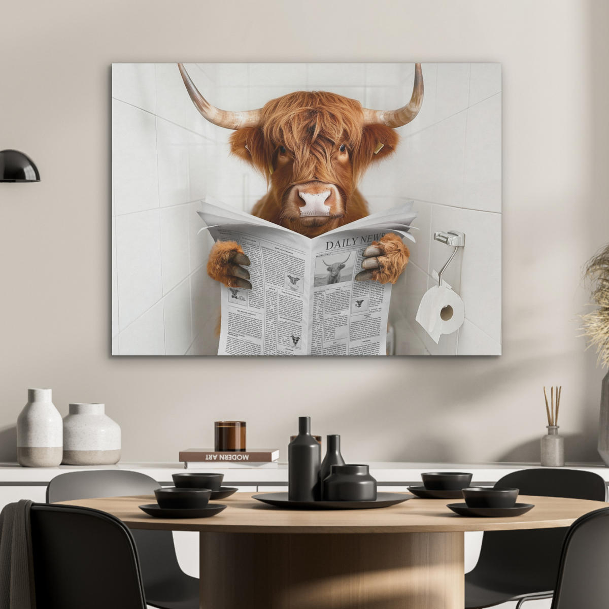 AKUSTIKPANEEL Schottisches Hochlandrind - Tier - Zeitung - Toilette 80x60 cm - Kastanienfarben, Textil (80/0.9/60cm) - MuchoWow