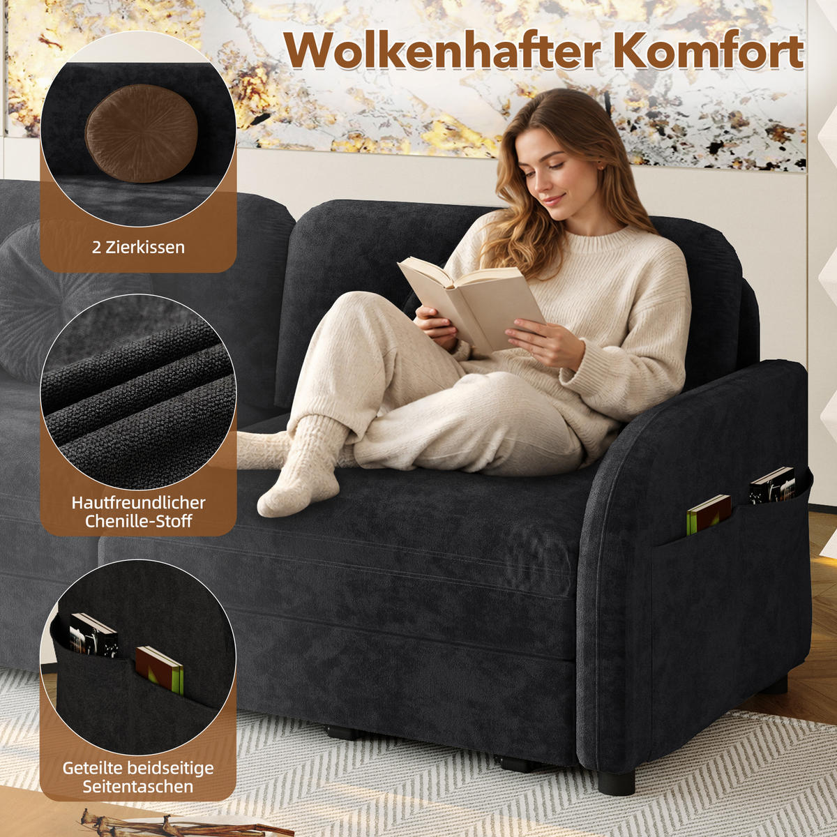 SCHLAFSOFA 166/84/90 cm Schwarz Chenille mit losen Kissen und Stautaschen an beiden Seiten - Schwarz, Textil (84/90/166cm) - Oxeza