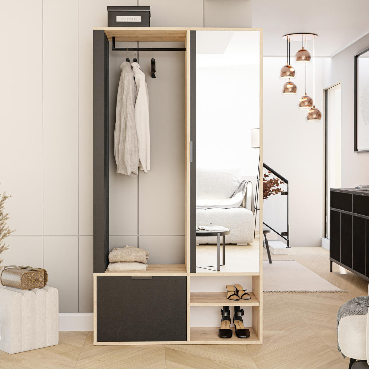 GARDEROBENSCHRANK mit Spiegel-mit Ablagen und Kleiderstange - Schwarz/Braun, Holzwerkstoff (100/190/33cm) - Idohome