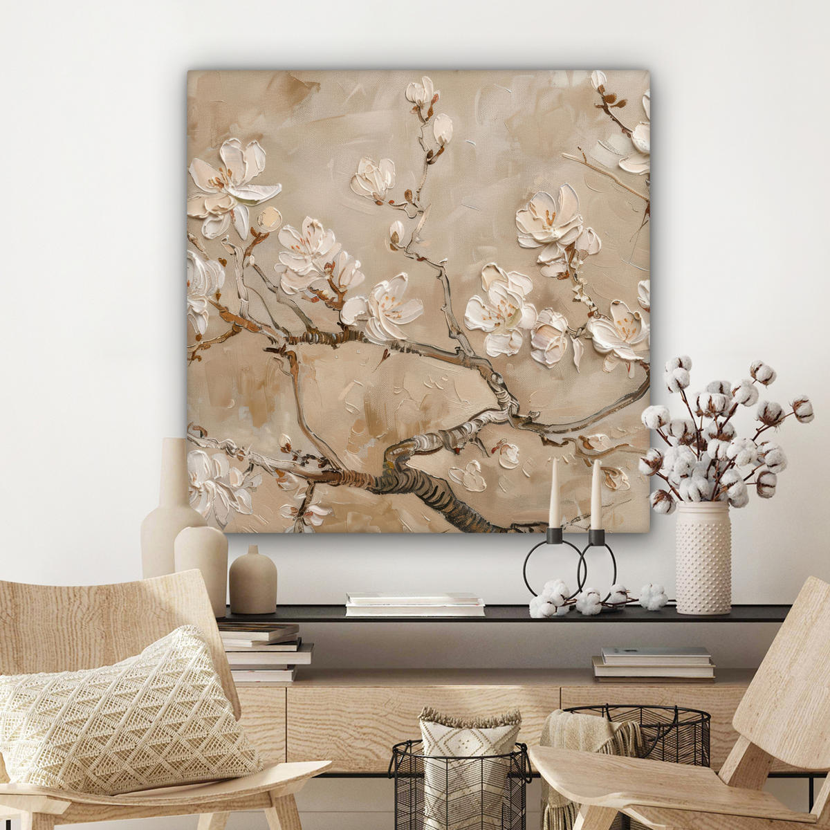 LEINWANDBILD - Blumen - Modern - Beige - Weiß - Blüte - 90x90 - Gemälde - Beige, Textil (90/90cm) - MuchoWow