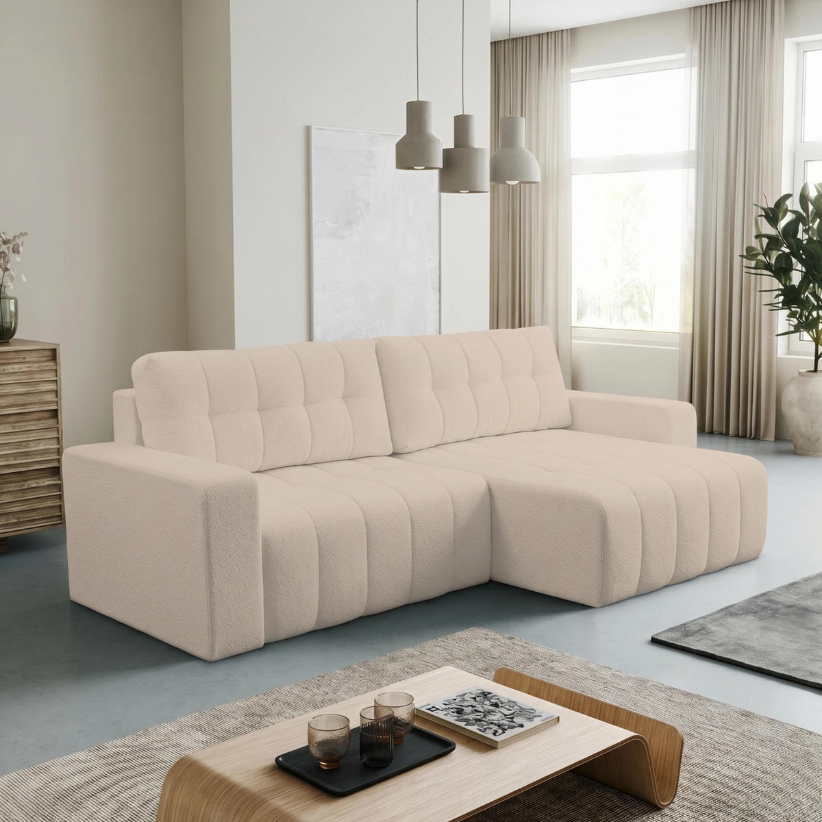 ECKSOFA Palermo mit Schlaffunktion und Bettkasten - Creme, Holz/Holzwerkstoff (245/143cm) - Ravio