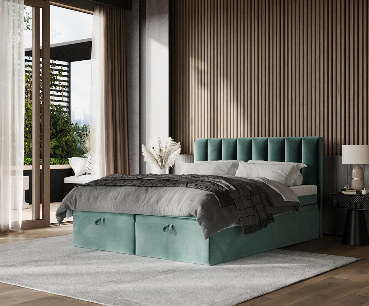 BOXBETT Lume 200/200 cm Türkis im Kronos Stoff - Türkis/Schwarz, Holz/Holzwerkstoff (200/200cm) - AltaBeds