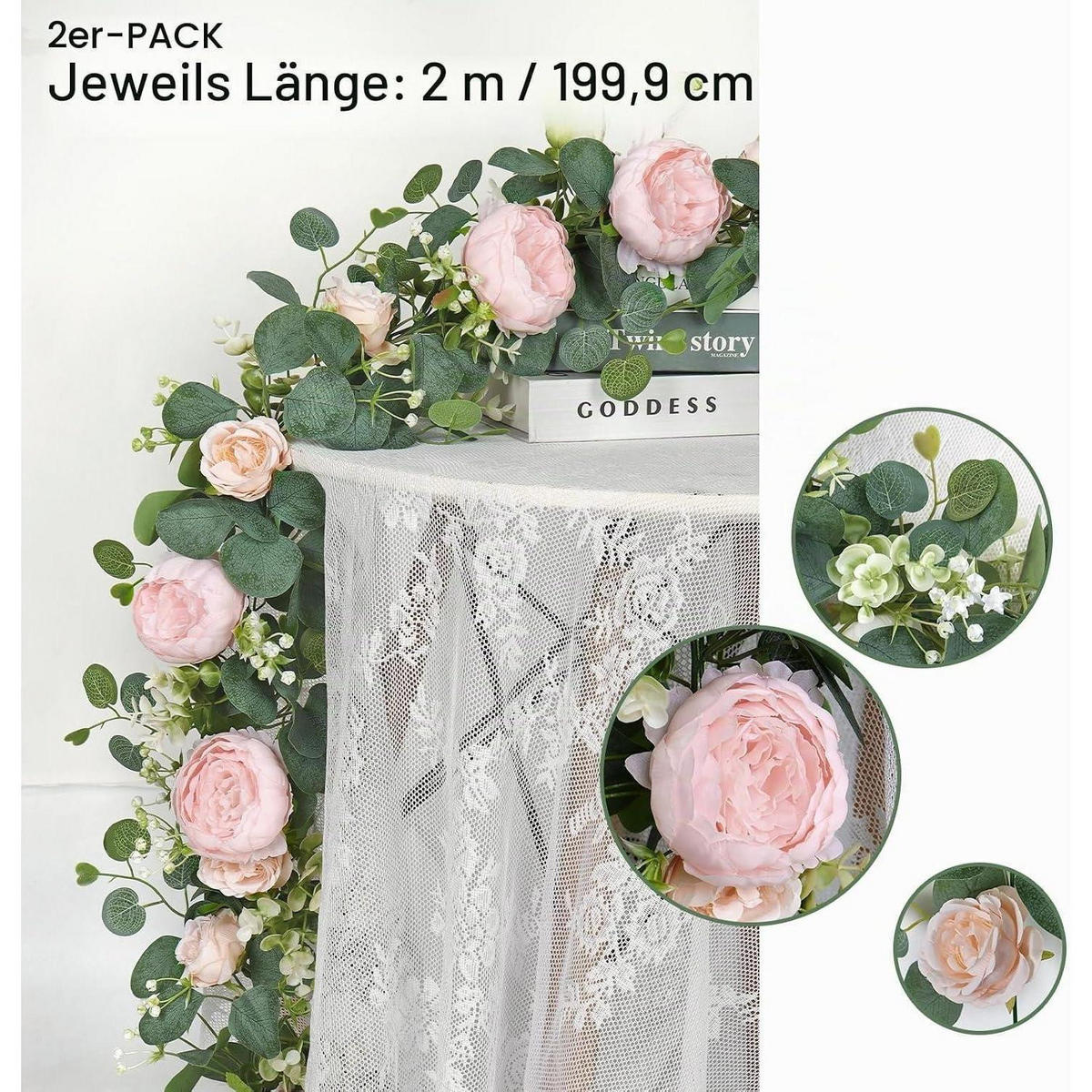 KÜNSTLICHE Blumengirlande Eukalyptus Pfingstrose 200 cm Hellrosa 2-teiliges Set - Rosa, Textil (10cm)