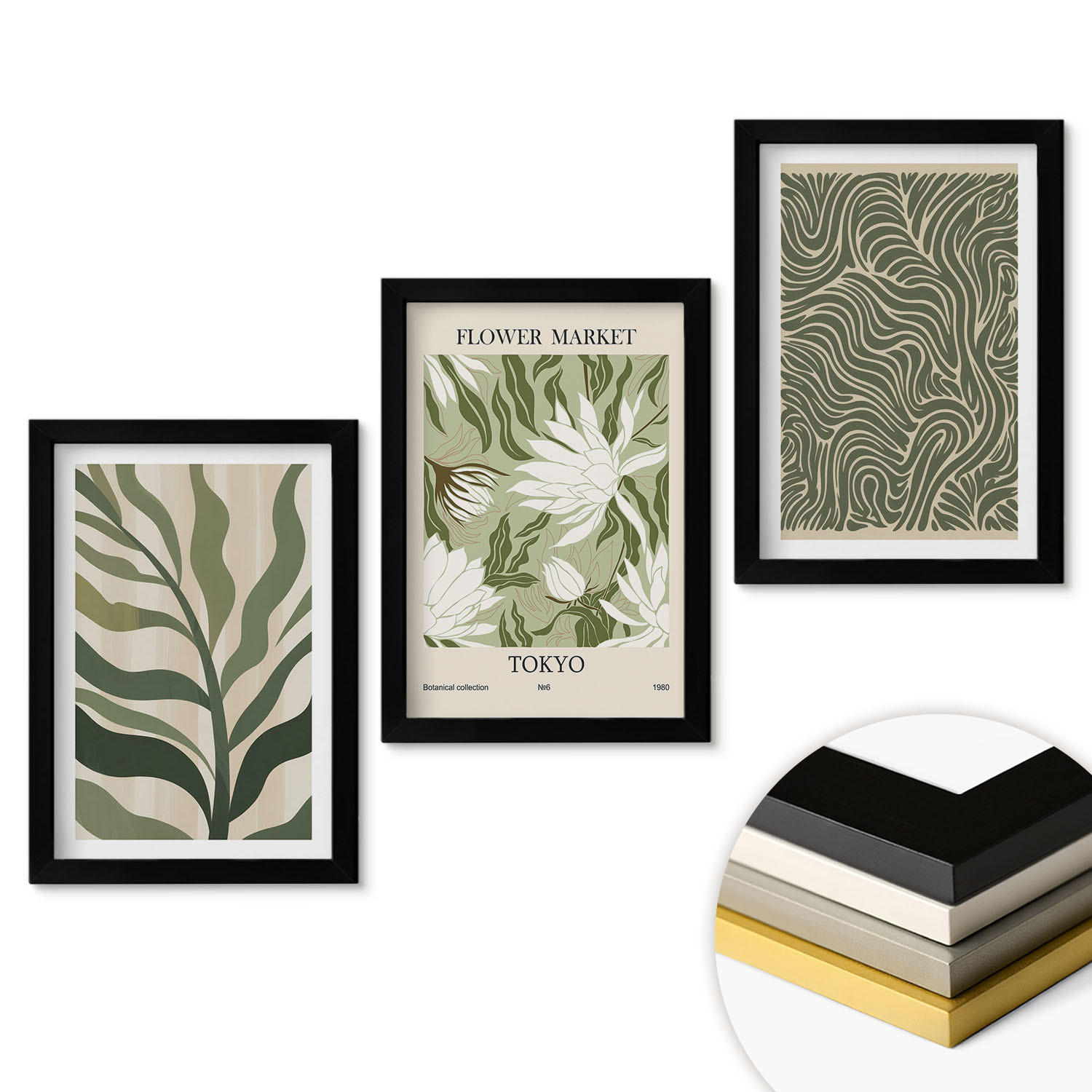 WANDBILDER 3er-Set - 20x30 cm Schwarzer Rahmen - Pflanzenmuster, Boho-Dekorationen - Schwarz, Kunststoff (20/30cm) - ArtPrintCave