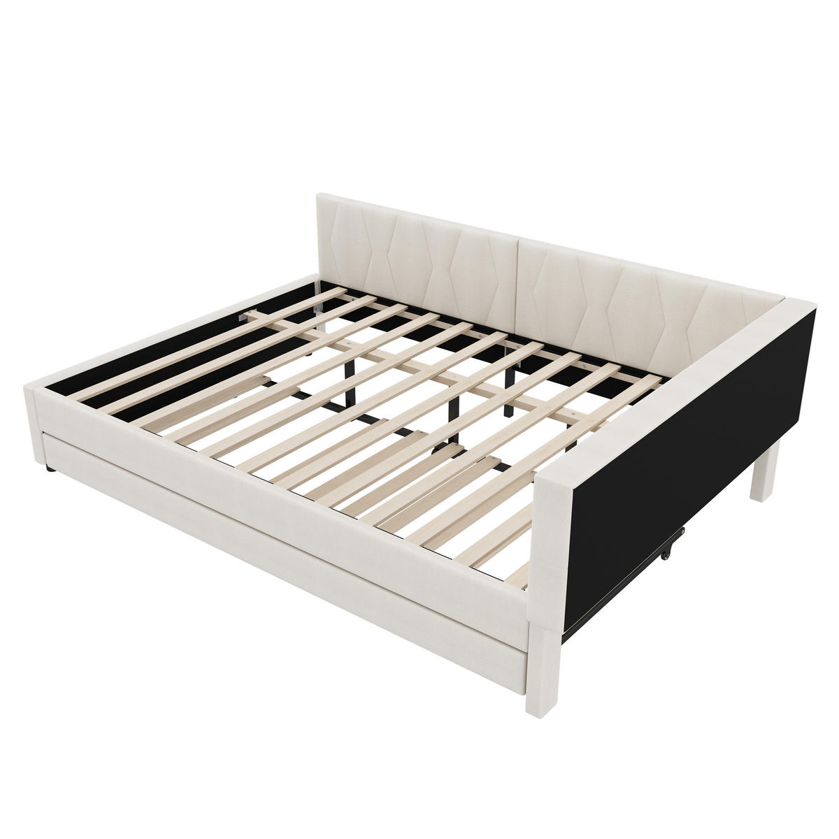 TAGEBETT 140x200cm Beige Leinen USB-C LED-Licht Ausziehbett - Beige, Holz (140/200cm) - FLIEKS