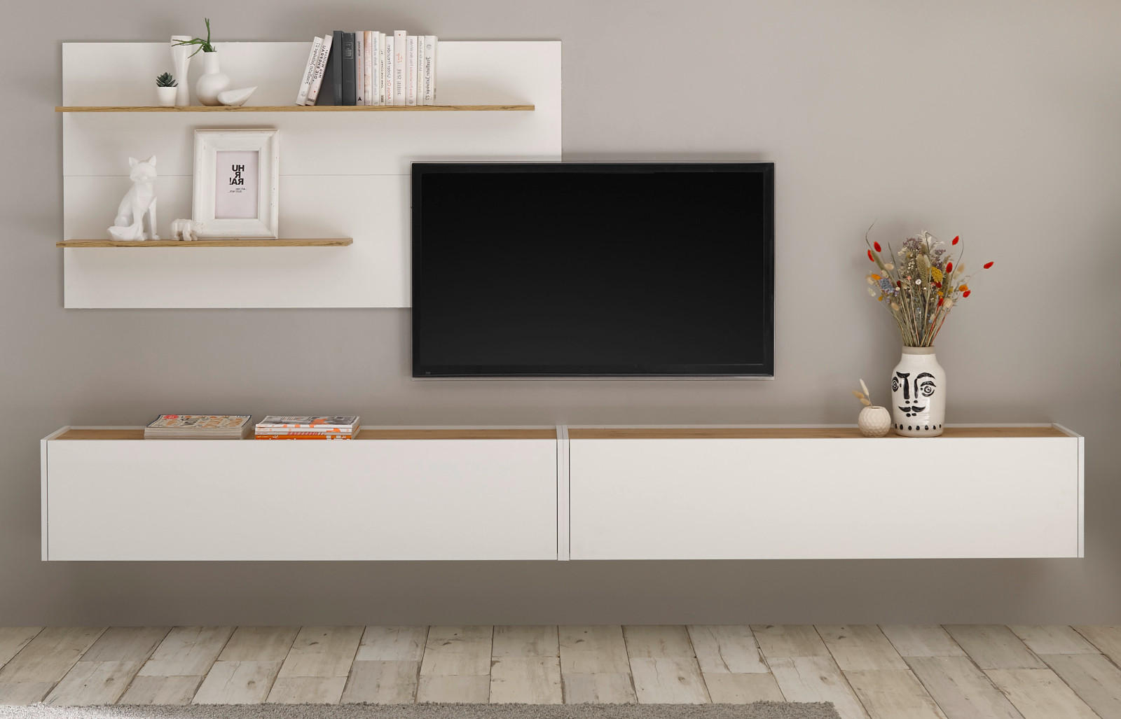 WOHNWAND 3-teilig Center in weiß und Eiche Wotan 300 cm - Eiche Wotan/Weiß, Holz/Holzwerkstoff (300/180/30cm) - Furn.Design