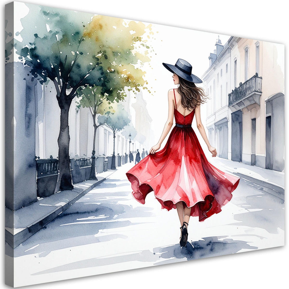 LEINWANDBILD Frau in rotem Kleid und Hut 90x60cm - Grau, Textil (90/60cm) - Feeby