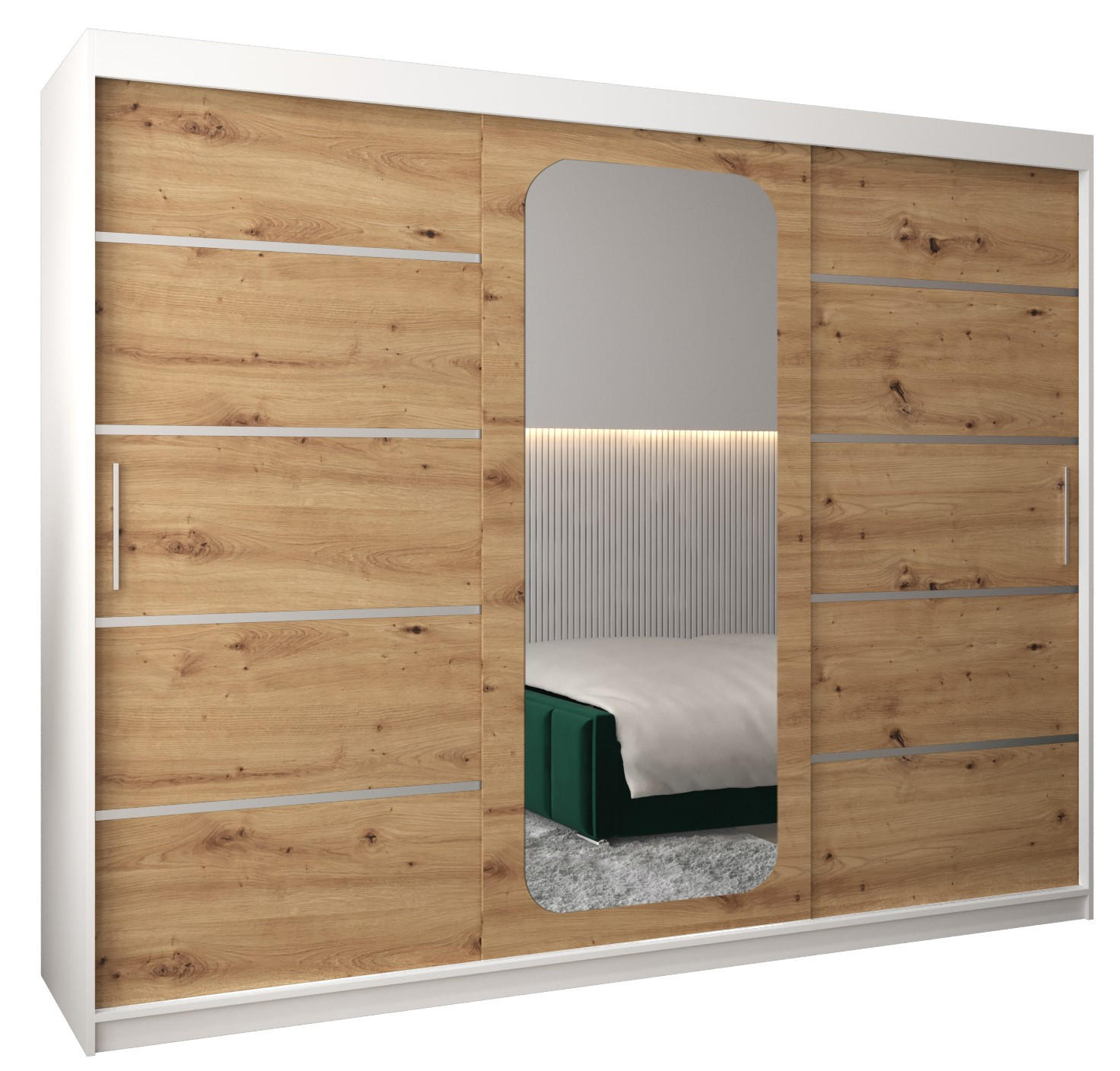 Abiks Möbel Schwebetürenschrank Weiß, Eiche Artisan 250x200x62 cm