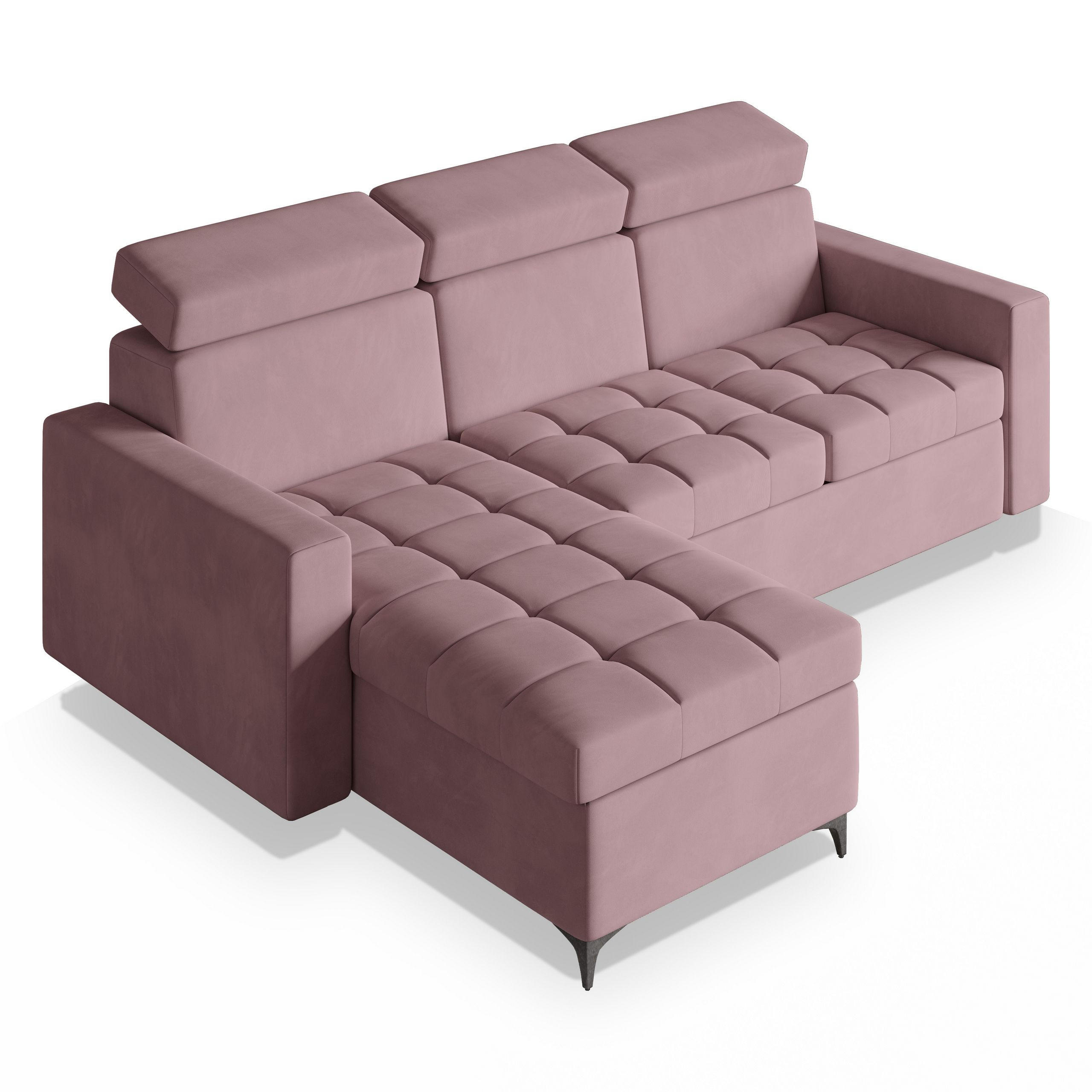 ECKSOFA KAME Rosa Plüsch-Stoff mit Schlaffunktion - Rosa, Holz (227/168cm) - MASSENO