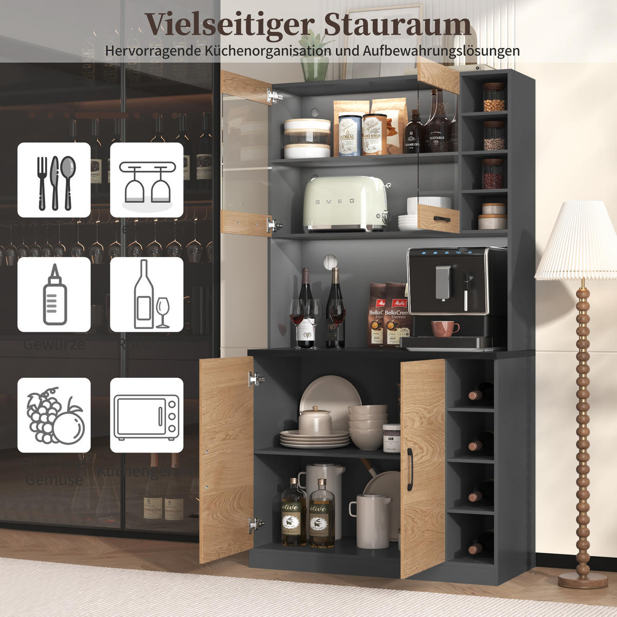 KÜCHENBUFFET mit 2 Türen, LED-Beleuchtung und Glaselementen, 100 x 47 x 187 cm, Natur/Grau, Acryl, MDF - Naturfarben, Holzwerkstoff (100/187/47cm) - SONNENH