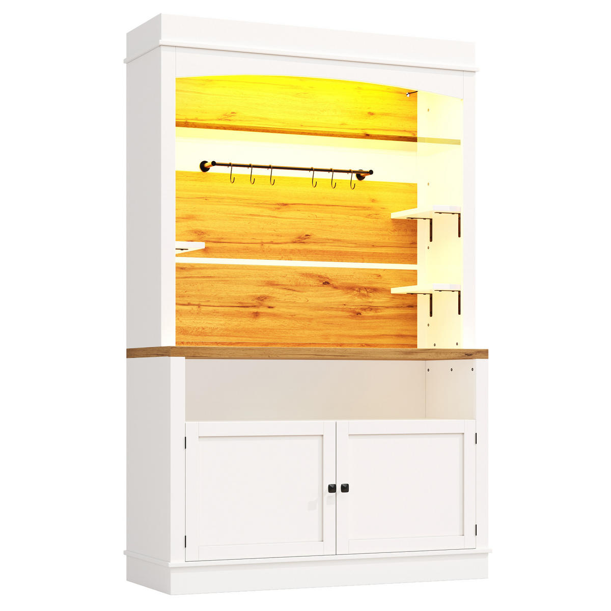 KÜCHENSCHRANK 107x34x184 cm, LED-Beleuchtung, 6 Haken, Glasboden, Weiß - Weiß, Holzwerkstoff (107/184/34cm) - FOHERE
