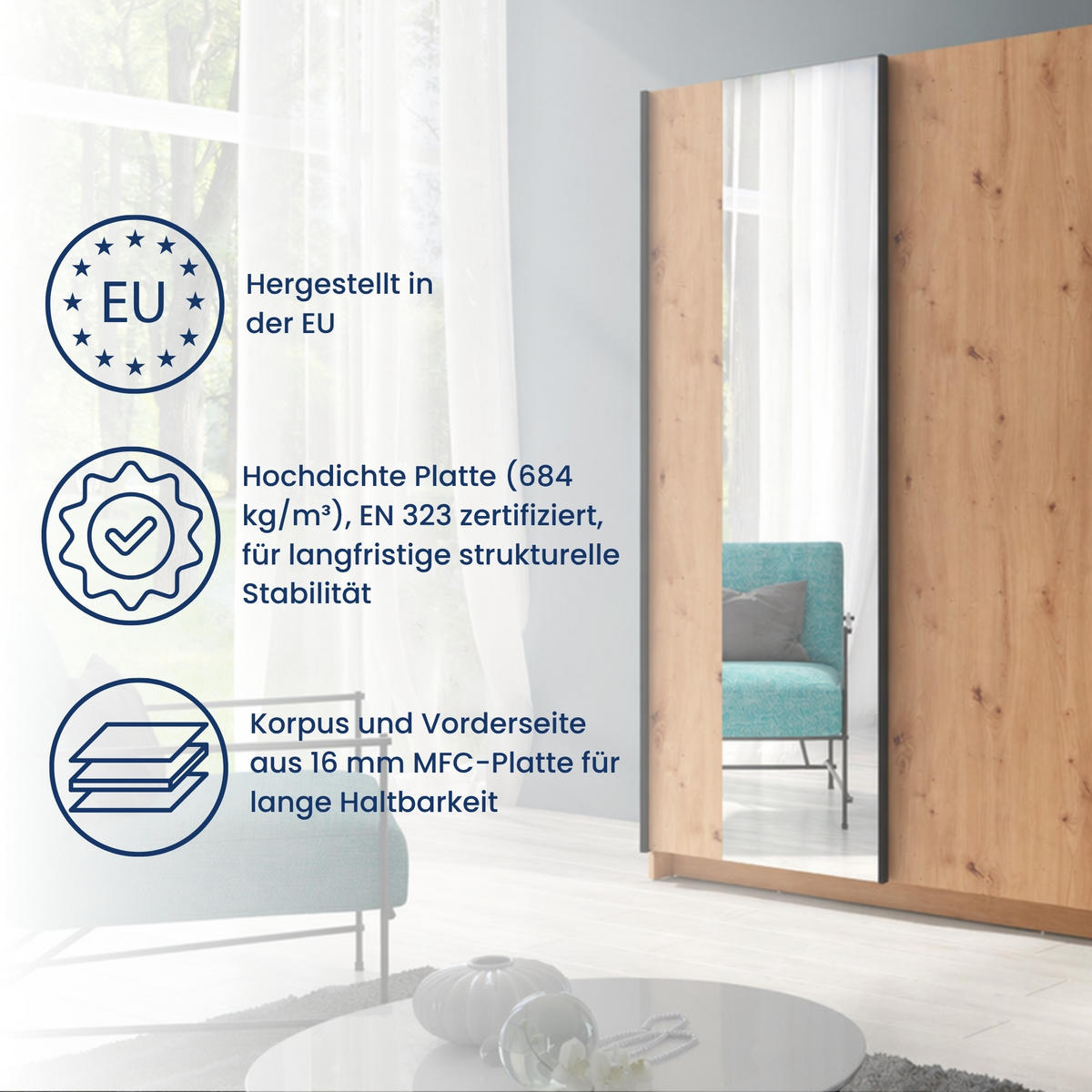 SCHWEBETÜRENSCHRANK 2-Türen 150 cm mit Spiegel in Artisan - Eiche Artisan, Holzwerkstoff (62/198.5/150.6cm) - Home Collective