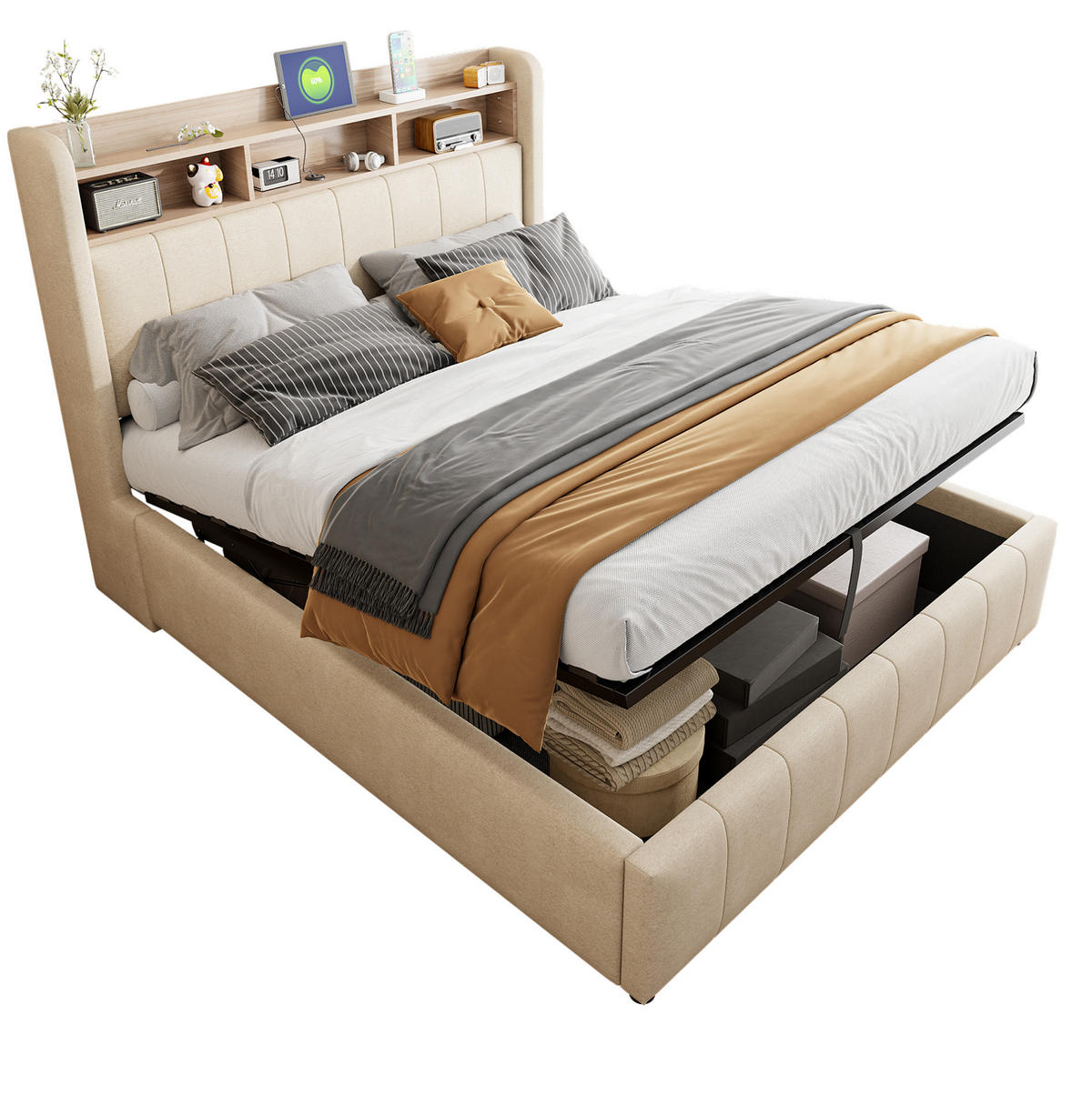 POLSTERBETT 140/200 cm Beige mit LED-Beleuchtung und hydraulischem Stauraum - Beige, Textil (140/200cm) - OKWISH
