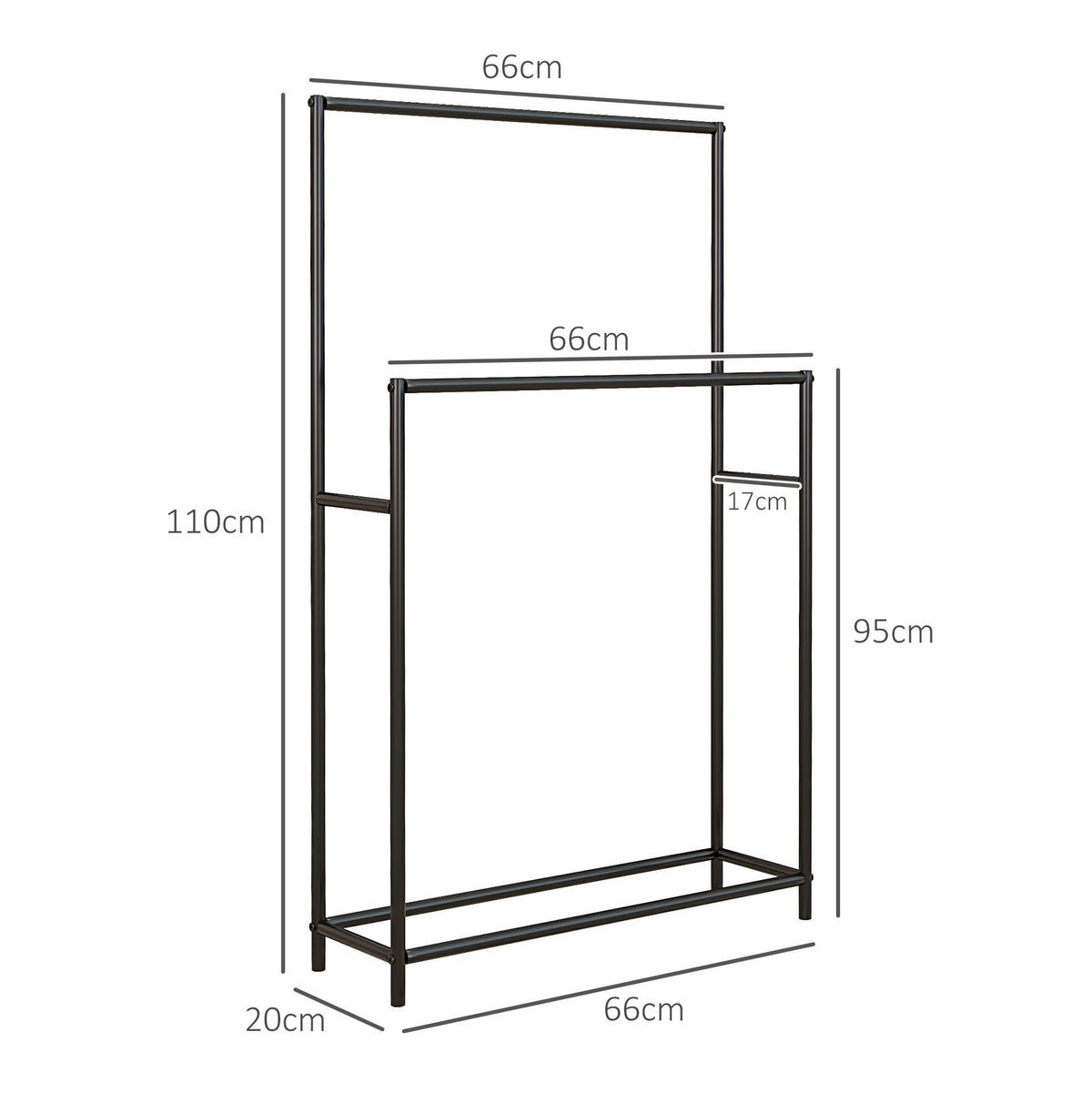HANDTUCHSTÄNDER 66x20x110 cm Schwarz aus Metal mit 2 Stangen & rutschfesten Füßen - Schwarz, Metall (66/110/20cm) - Modfu