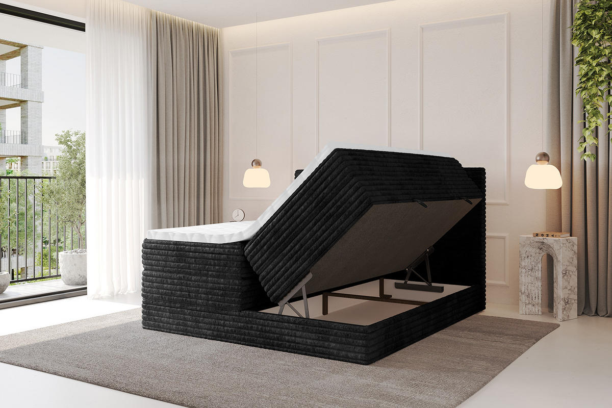 BOXSPRINGBETT mit Matratze H3|H4 und Lattenrost - TOLO KING-v1 120x200 Cord - Schwarz - Schwarz, Holzwerkstoff (120/200cm)