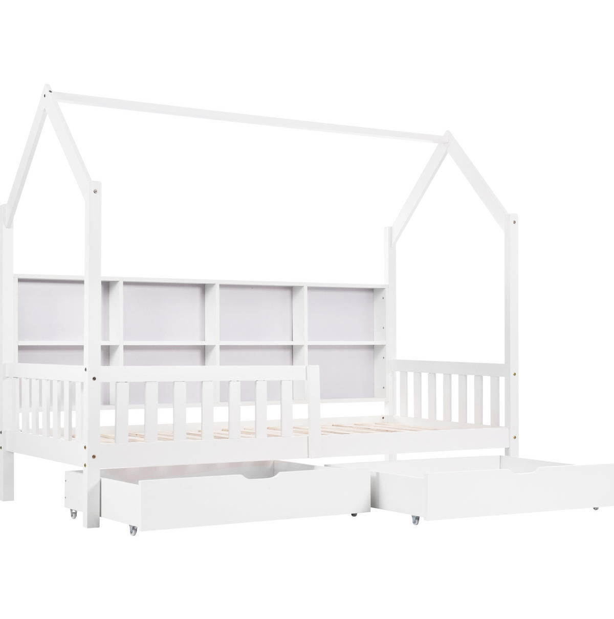 KINDEREINZELBETTEN aus Kiefernholz 90x200 cm in Weiß mit Schubladen & Regal - Weiß, Holz (90/200cm) - Modfu