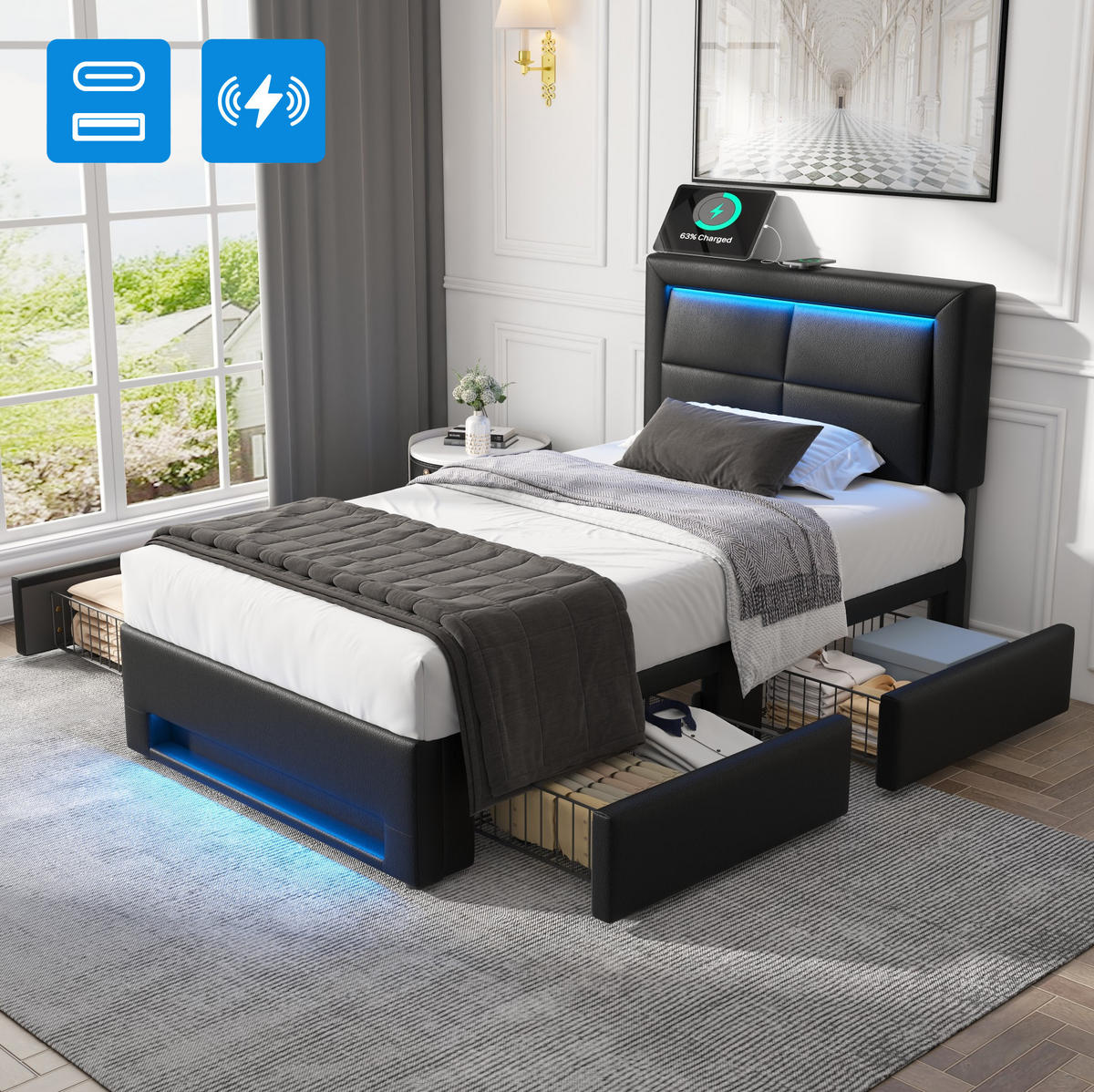 BETT mit LED, USB und 4 Schubladen 90x190 cm PU Schwarz - Schwarz, Metall (90/190cm) - Meubliv