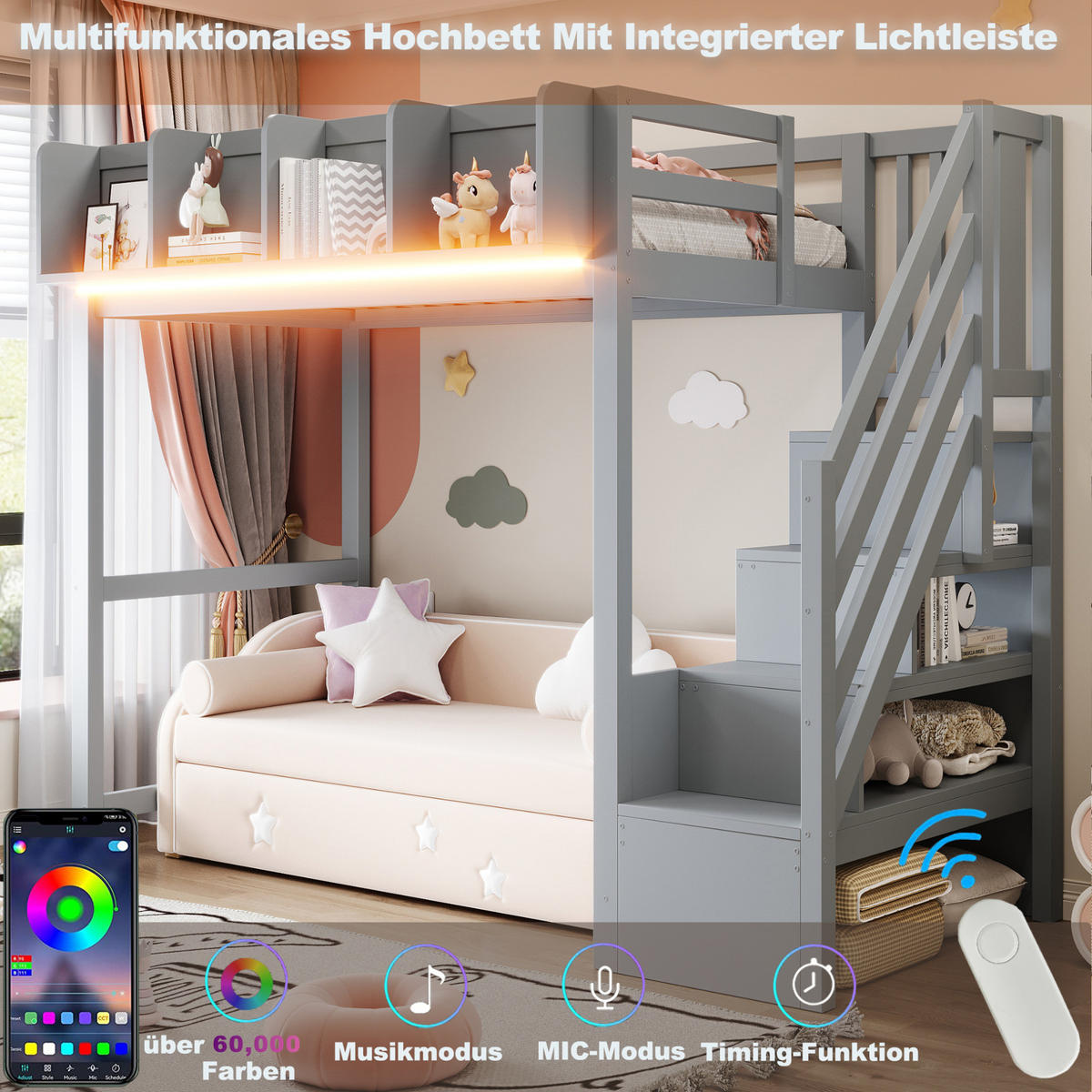 HOCHBETT 90/200 cm aus Holz mit Sicherheitsgitter und LED, Grau - Grau, Holz (90/200cm) - OKMYHOME