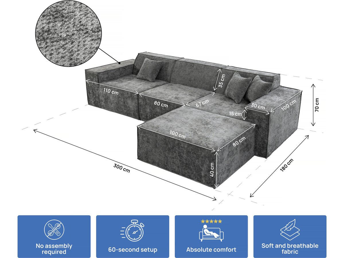 4-SITZER-SOFA Lusso Grau - Grau, Textil (300/70/100cm) - Habitat Garten