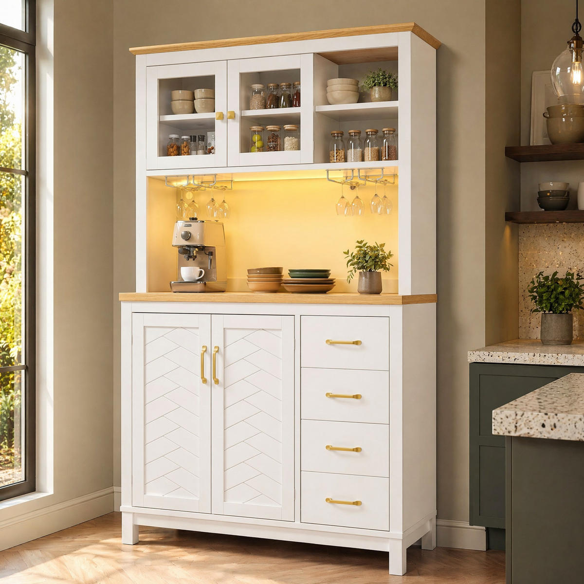 HIGHBOARD in Weiß Küchenschrank mit LED-Beleuchtung und Schubladen für Küche und Wohnzimmer, B105.5/T40/H180 cm - Weiß, Glas/Holzwerkstoff (105.5/180/40cm) - STILVORA