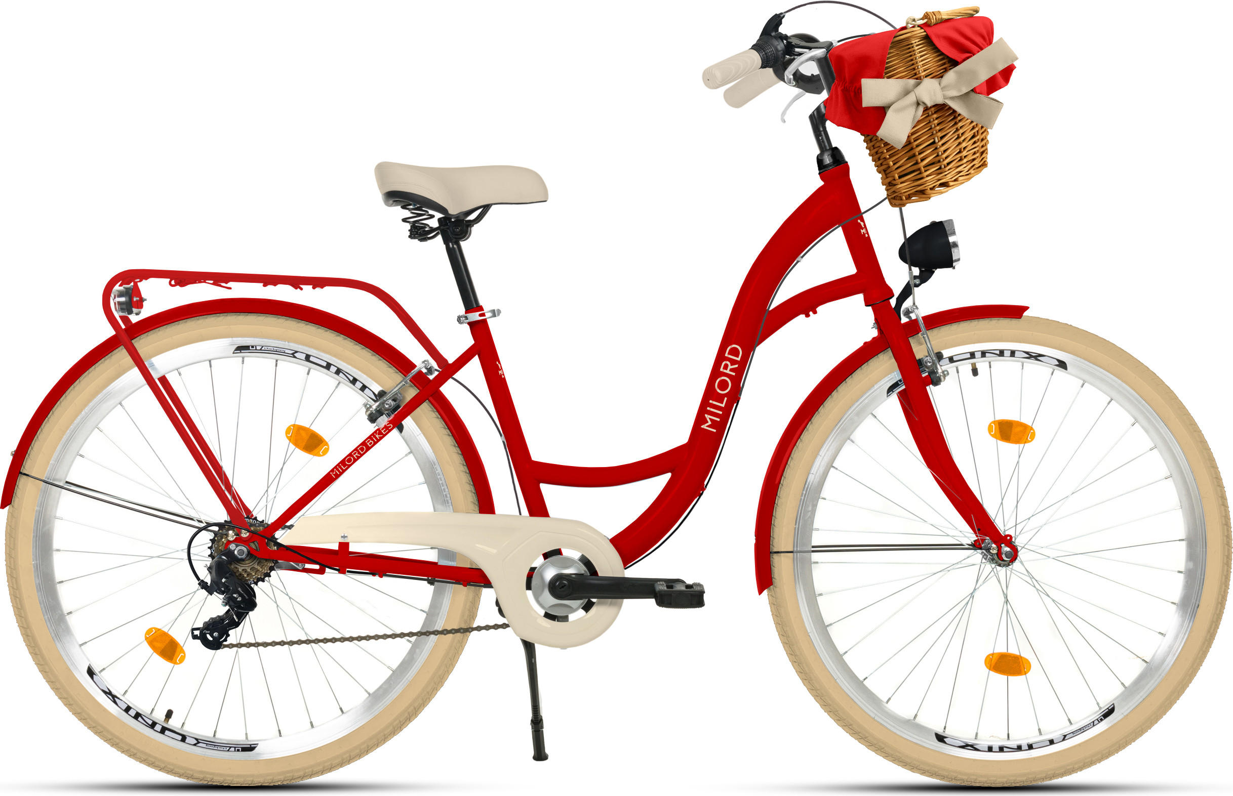 CITY-FAHRRAD Milord mit Weidenkorb, 28 Zoll, Rot, 7-Gang - Rot, Metall (46cm) - Milordbikes