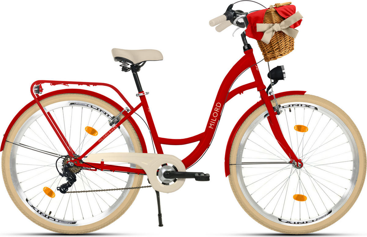CITY-FAHRRAD Milord mit Weidenkorb, 28 Zoll, Rot, 7-Gang - Rot, Metall (46cm) - Milordbikes