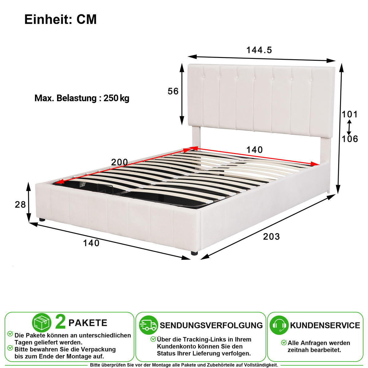 POLSTERBETT 140/200 cm in Cremeweiß Samt mit Bettkasten und verstellbarem Kopfteil - Creme, Holzwerkstoff/Textil (140/200cm) - CHICFURN